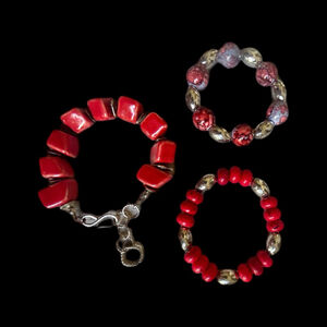 Set of 3 Handcrafted Red Coral & Silver Artisan Bracelets Boho